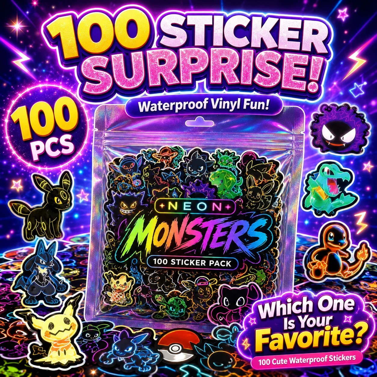 Scrapbooking - 100pcs Neon Pokémon Stickers Waterproof DIY